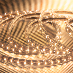 A coil of illuminated, flexible High-Voltage LED Strip Light.