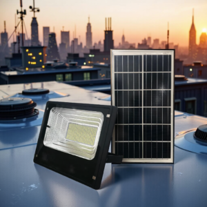 A powerful Solar LED Flood Light with its separate solar panel.