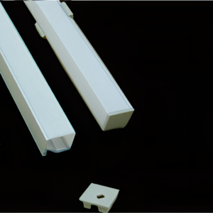 A V-shaped Corner LED Profile with a flat diffuser and mounting clips.