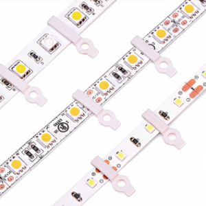 A translucent LED Strip Mounting Clip with a screw, holding an LED strip in place.