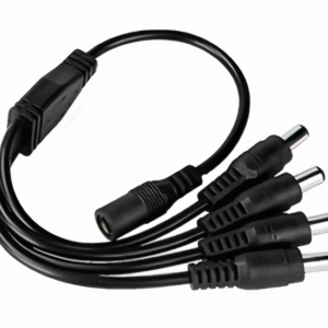 A black 1-to-4 DC Power Splitter Cable with standard 5.5mm barrel jack connectors.