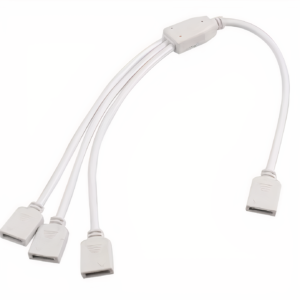 A white RGB 4-Pin Splitter Cable for synchronizing multiple LED strip lights.